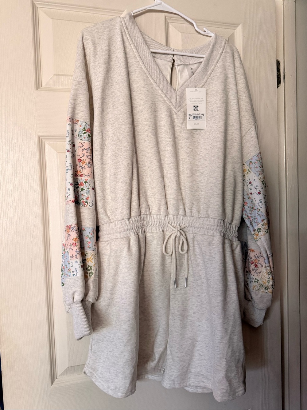 Heather Gray Drawstring Waist Sweatshirt Dress with Floral Sleeve Panels
